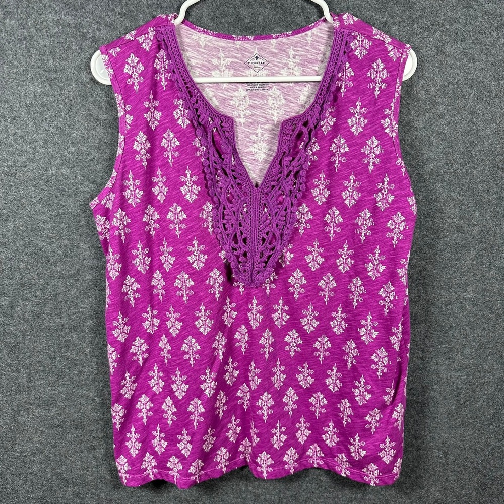 St. Johns Bay Women XL Purple Damask Print Sleeveless Crochet Lace Trim Tank Top